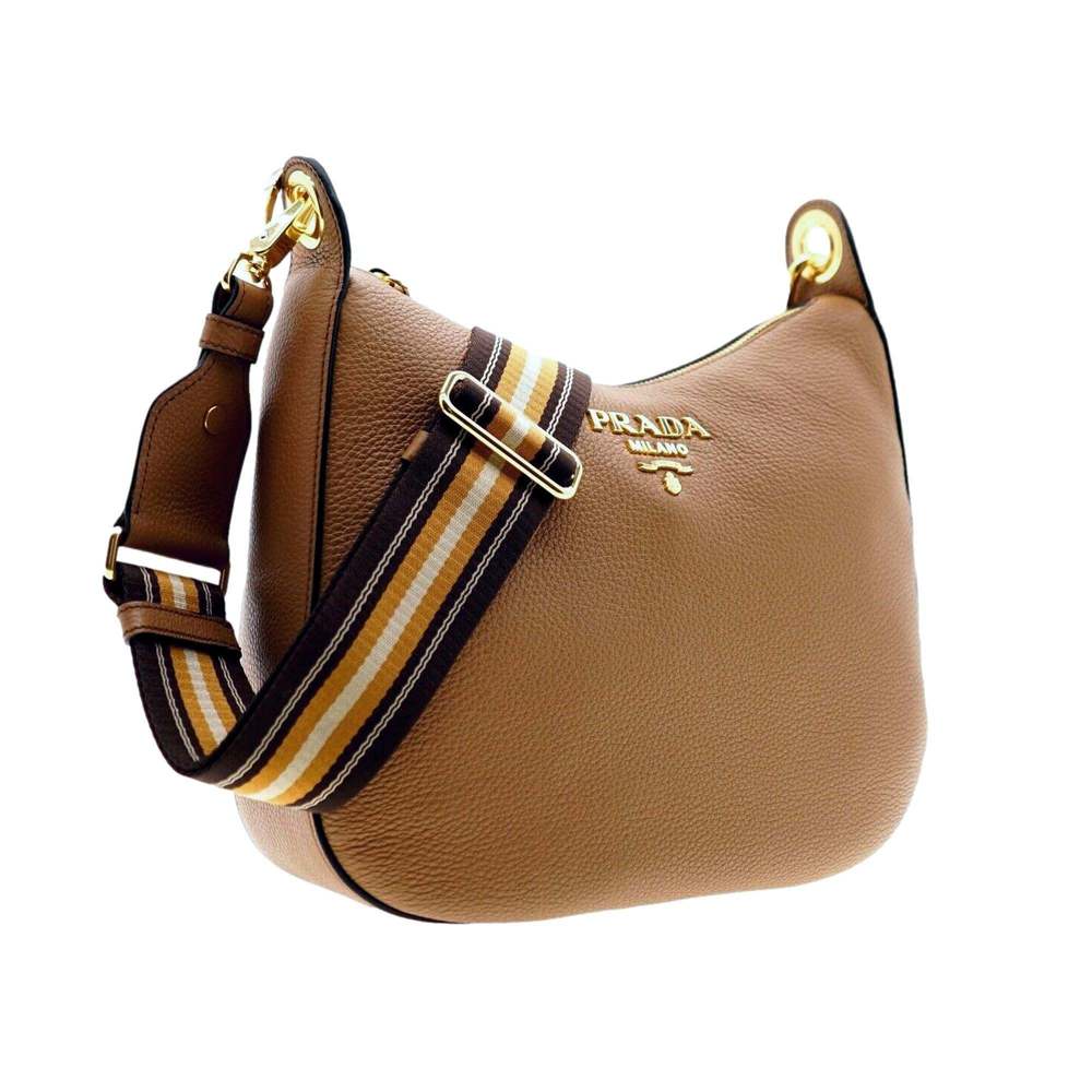 Prada Vitello Phenix Caramel Brown Leather Web Stripe Crossbody - Picture 2 of 5